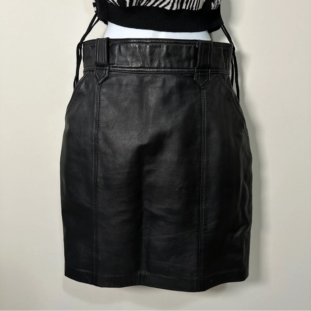 Vintage Black Genuine Leather Mini Pencil Skirt with Pockets & Belt Loops Sz XS